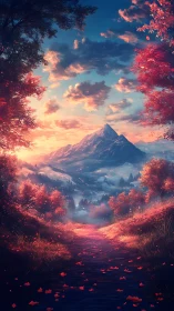 Crimson forest pathway welcomes sunrise over distant peaks