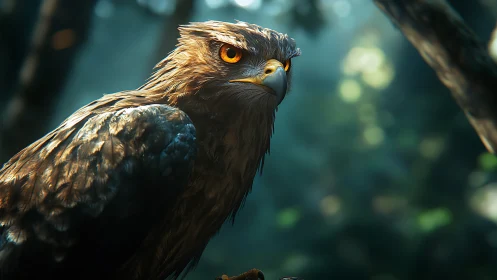 Majestic eagle in vibrant forest, hyper-realistic digital art style.