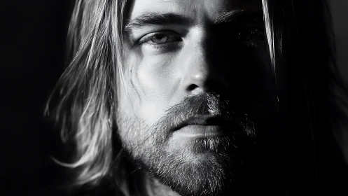 Moody male portrait in stark monochrome side lighting.