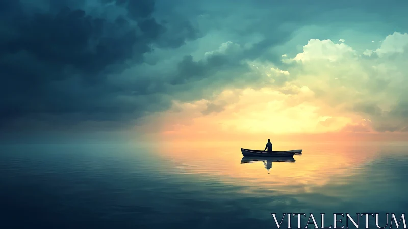 Solitary small boat on calm reflective sea at sunrise.