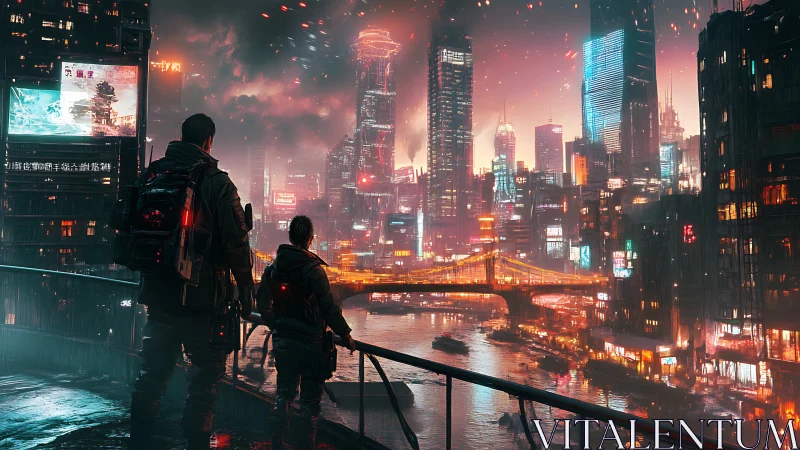 Cyberpunk scouts survey neon river megacity skyline.