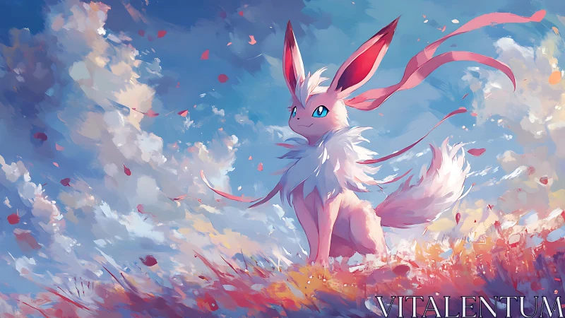 Sylveon creature in windblown meadow under dynamic sky