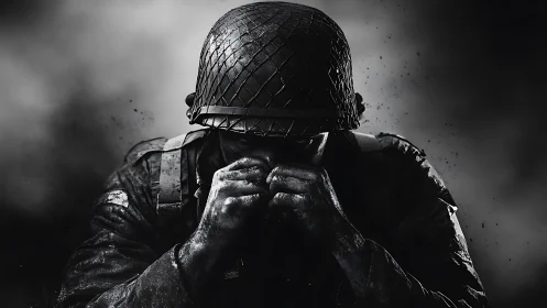 Monochrome combatant in contemplative battlefield posture.