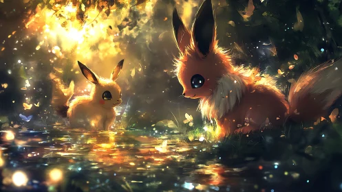 Two foxlike creatures share a glowing forest stream.