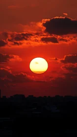Low-angle telephoto capture of solar disk over urban skyline