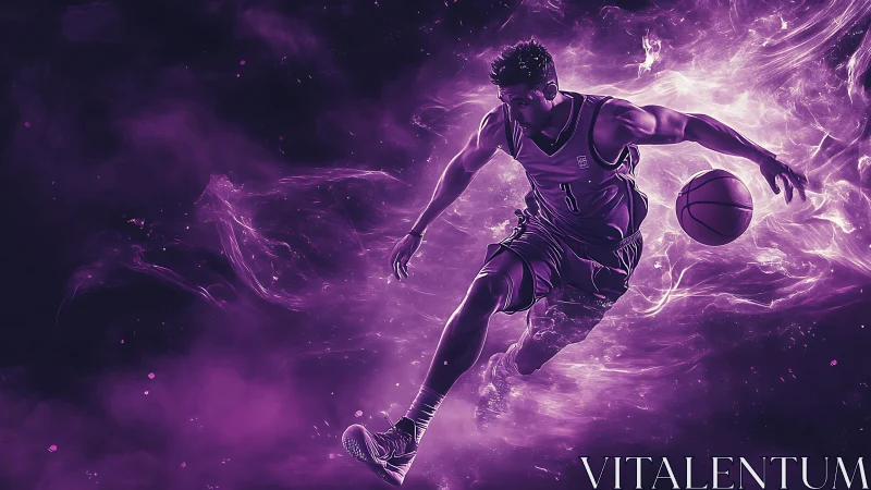 Dynamic purple basketball player in motion with energy trails.