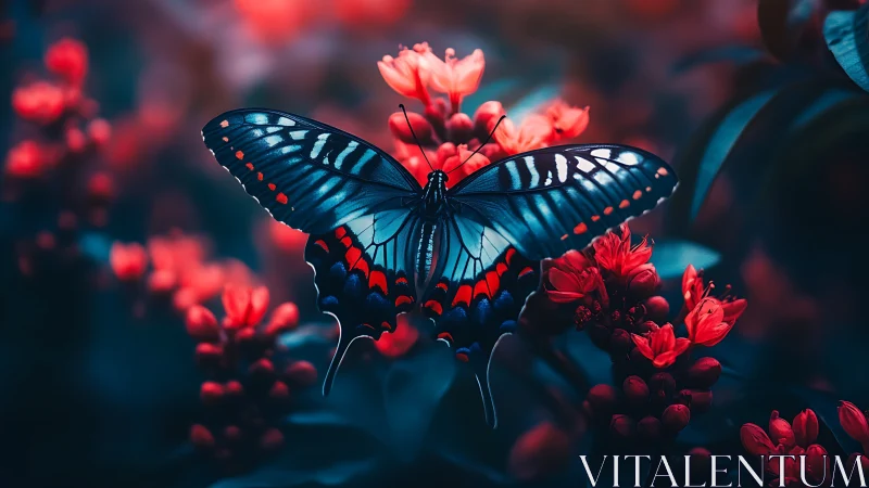 Midnight garden butterfly resting among glowing blooms.