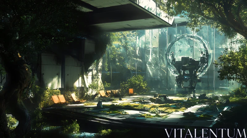 Overgrown futuristic courtyard with dormant ring machine.