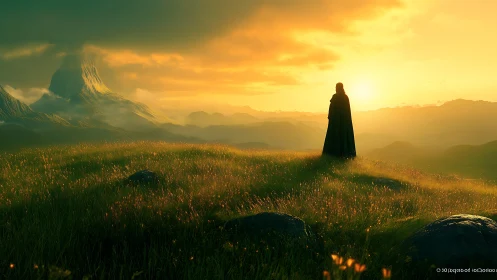 Digital painting of cloaked wanderer on luminous highland ridge.