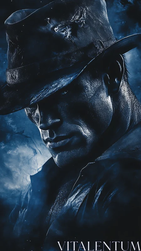 Noir cowboy portrait in blue cinematic rim light.