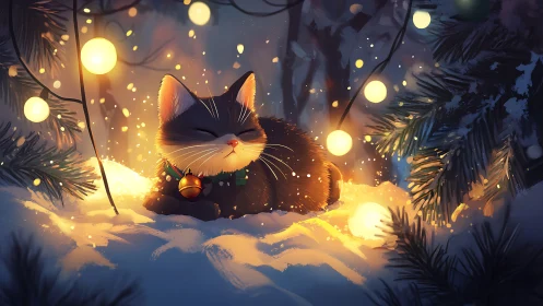 Snowy night cat illuminated by glowing festive lights.