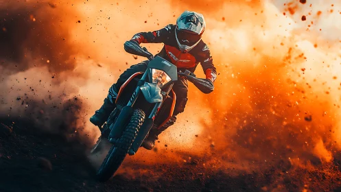 High-speed off-road motorcycle cornering through dense roost plume