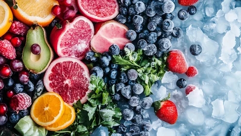 Assorted sliced fruits and berries arranged beside crushed ice.