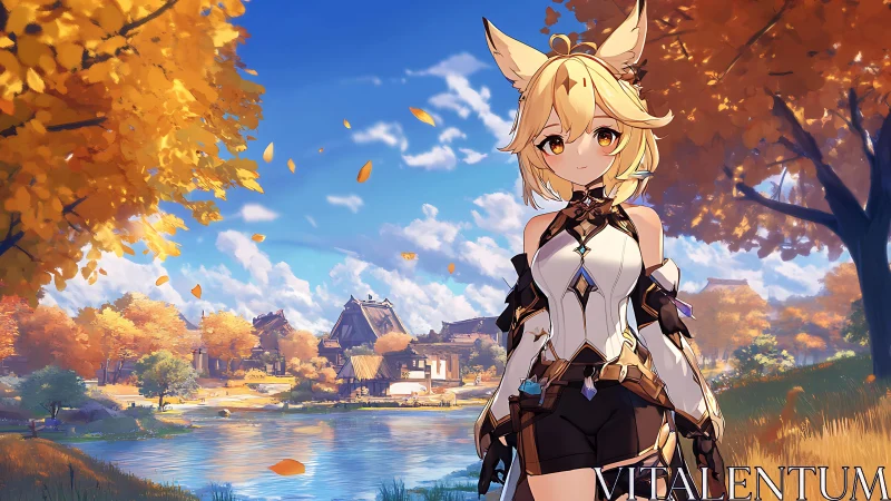 Fox-eared anime warrior observes tranquil autumn village