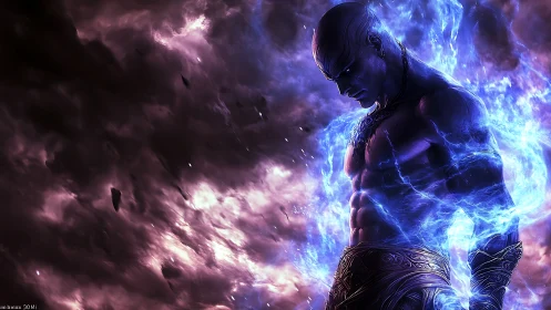 Stormbound elemental warrior stands within crackling blue aura