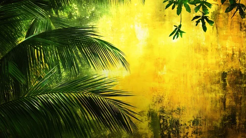 Sunlit tropical palm leaves glow against a textured gold sky
