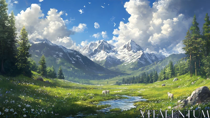 Digital pastoral alpine valley with luminous cloud architecture.