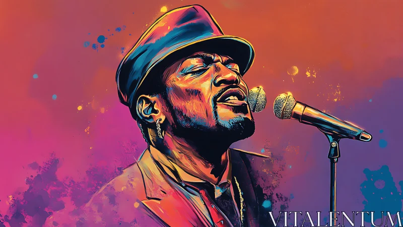 Digital painting portrait of soul singer in neon gradients.