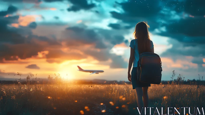 Backpacker watches plane depart over glowing sunset field.