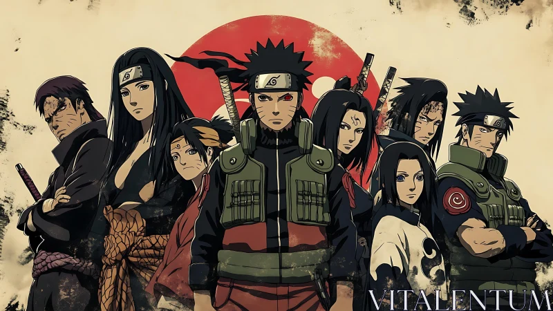 Legendary anime ninjas stand united before rising sun.