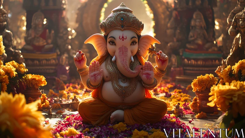 Gentle Ganesha idol glowing amid marigolds and soft light.