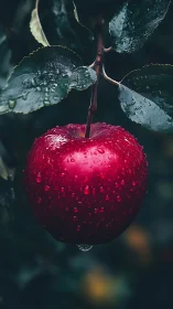 Ruby red garden apple glistening after a soft rainfall.