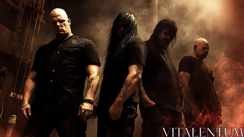 Cinematic metal band portrait in infernal low key lighting.