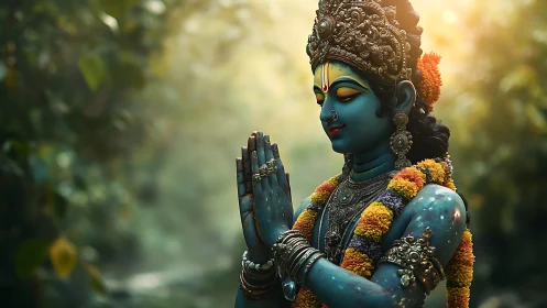 Blue-skinned deity statue in prayer rendered in photoreal detail
