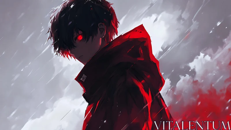 Side profile of hooded figure in red coat under grey sky