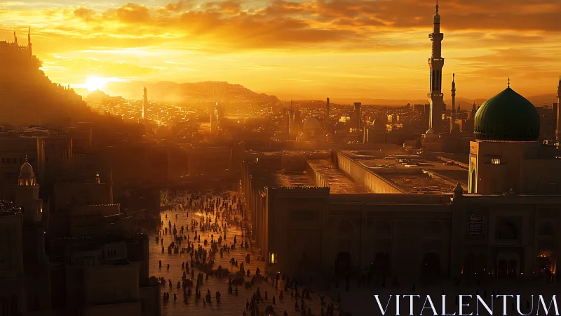 Golden sunset over a peaceful Middle Eastern city skyline.
