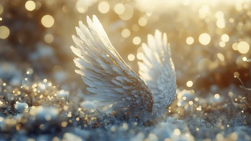 Luminous fallen wings rest in frosted meadow at sunrise