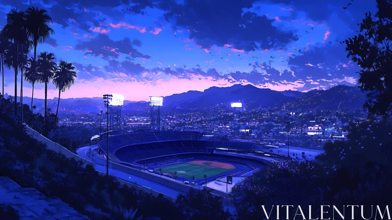 Twilight baseball stadium panorama under luminous city lights