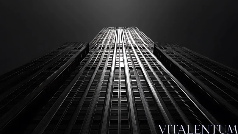 Monochrome upward view of tall glass and steel skyscraper.