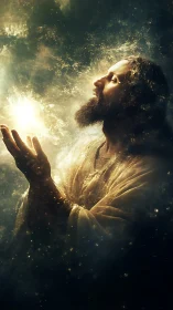 Luminous mystic in swirling stardust prayerful embrace.