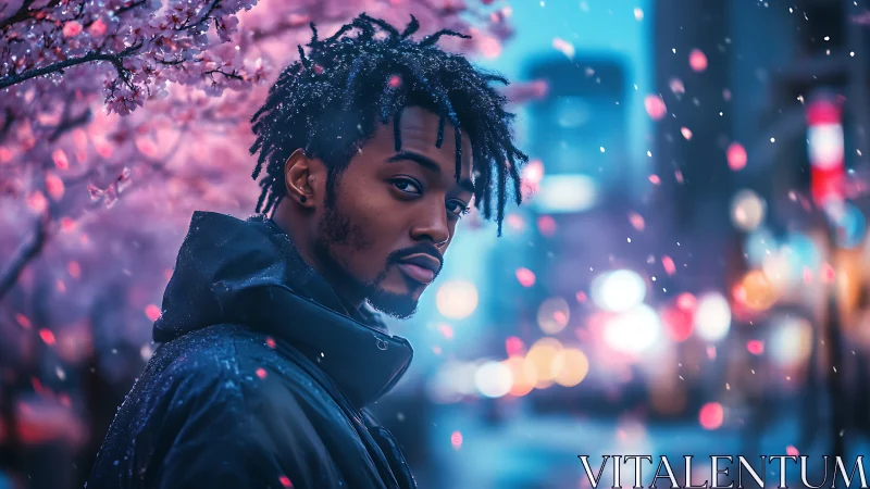 Soft city lights welcome a quiet stroll under pink blossoms