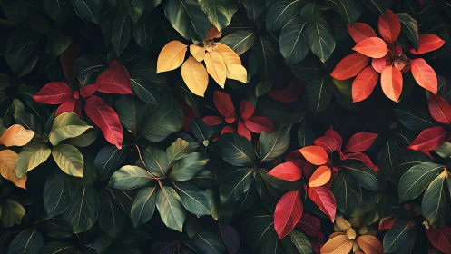 Lush tropical foliage glows with warm autumnal accents