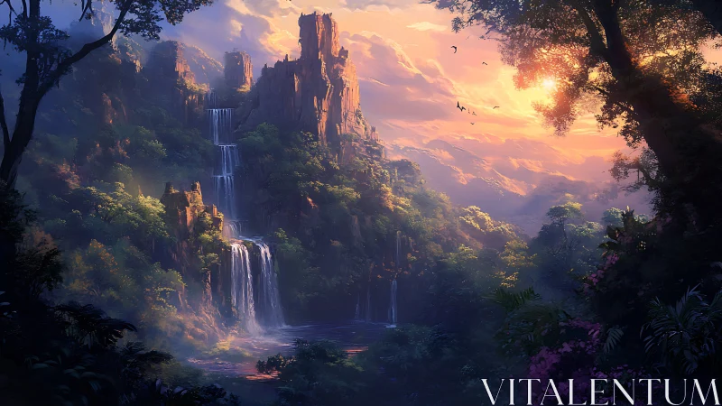 Digital landscape rendering: cascading waterfalls framed by towering rock formations with golden hou