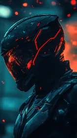 Armored sci fi soldier with illuminated visor in profile view.