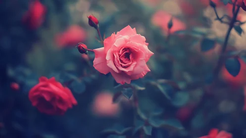 Soft-focus Pink Rose Garden with Bokeh Depth of Field.