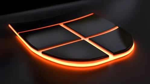 Futuristic Black Shield Logo with Orange Neon Glow, 3D Render.