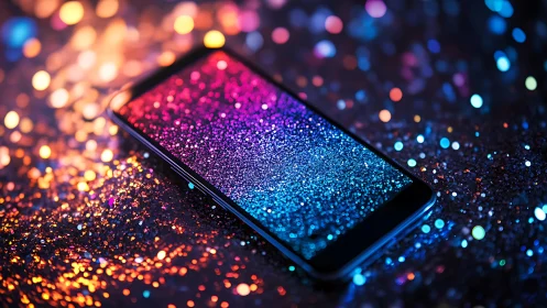 Smartphone on glittered surface with bokeh, RGB gradient display