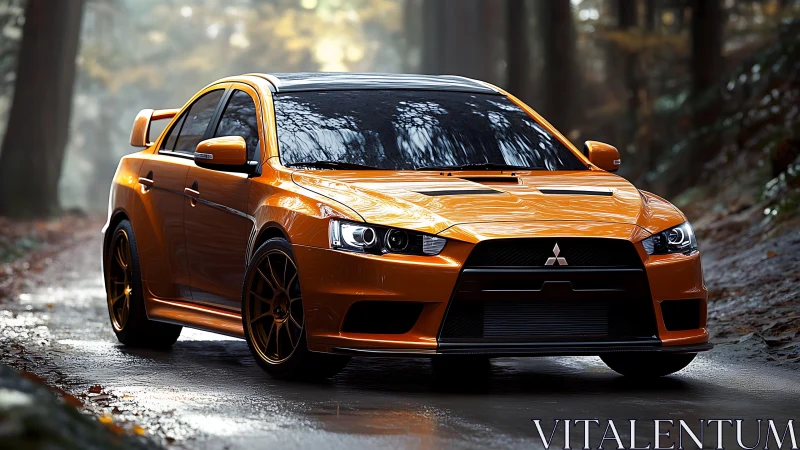 Orange Mitsubishi Lancer Evolution sits on wet forest road