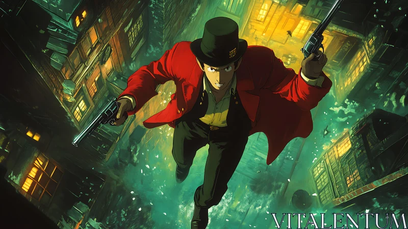 Daring gunslinger in red coat leaps through neon city night
