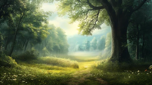 Enchanted Forest Clearing Glowing with Golden Light