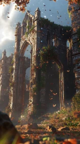 Sunlit ivy-clad cathedral ruins with swirling autumn leaves.