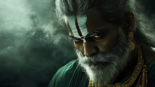 Stormborne sage with fierce gaze in swirling dusk clouds.