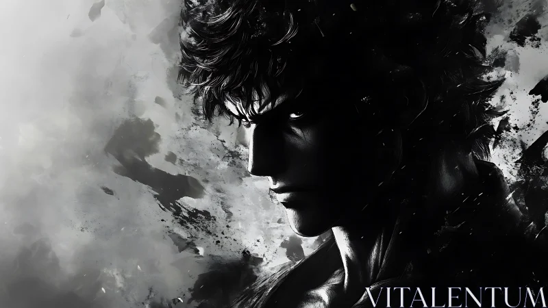 Storm-lit warrior in inky shadows and swirling resolve.