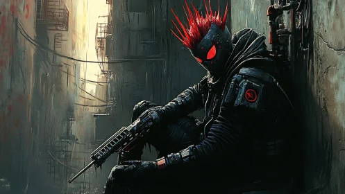 Cyberpunk enforcer crouches in decayed neon alleyway.