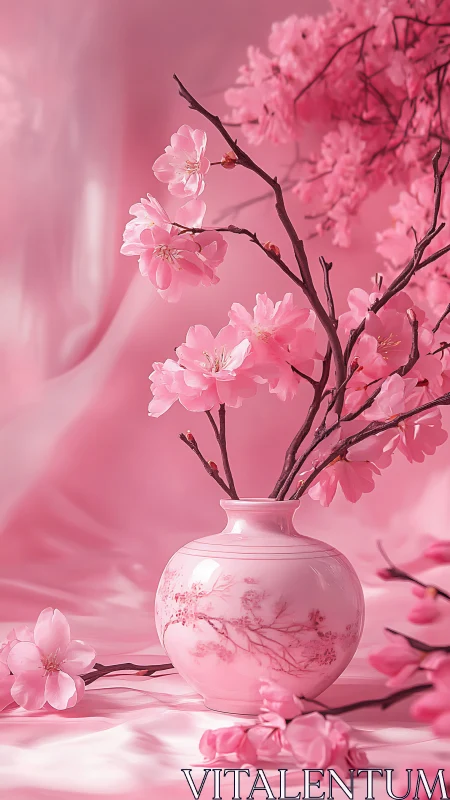 Pink Cherry Blossoms in Porcelain Vase