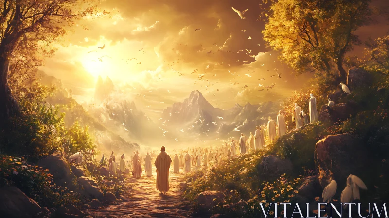 Golden valley procession toward radiant mountain horizon.